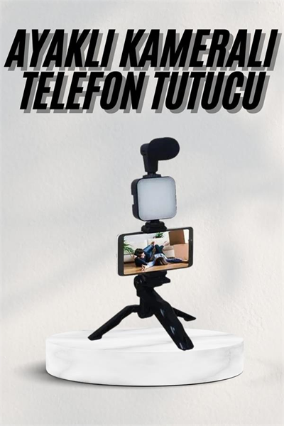 Telefon Tutucu Led Işıklı Kumandalı Mikrofon Telefon Vlog Video Kayıt