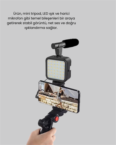 Telefon Video Çekim Kiti LED Aydınlatma Mikrofon Tripodlu Tam Set