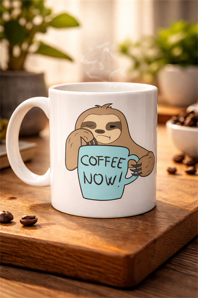 Tembel Hayvan Coffee Now Baskılı Porselen Kupa MODEL 197 – Eğlenceli Kahve Kupası – Ofis ve Ev Kullanımı İçin Sevimli Tasarım Kupa Bardak