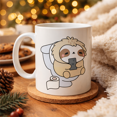 Tembel Hayvan Tasarımlı Porselen Kupa MODEL 108 – Telefonla Takılan Sevimli Sloth Desenli Eğlenceli Kahve Kupası  Hediye Fikri