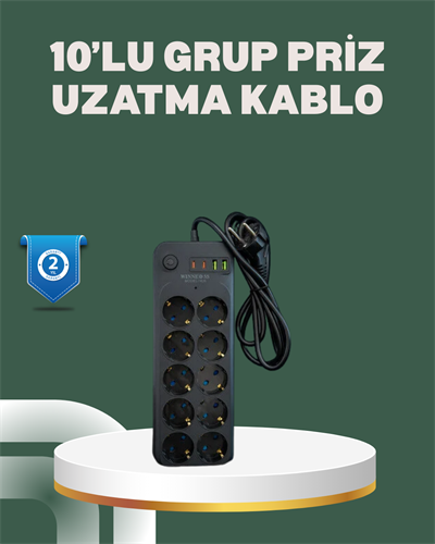 Termal Koruma Sistemli USB Type-C 10’lu Grup Priz 2m 2500W Güç Kapasiteli