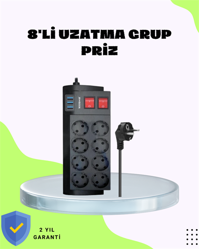 Termal Korumalı 8 Prizli 3 USB’li Uzatma Kablosu
