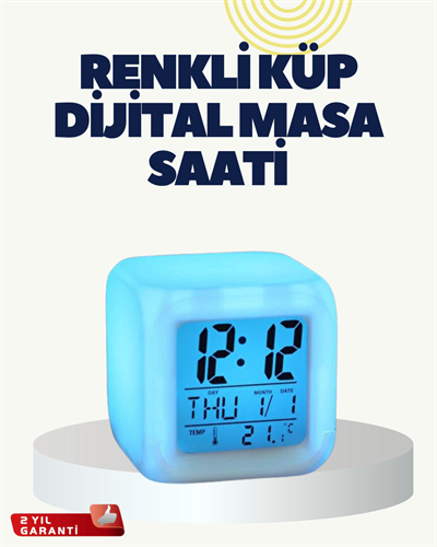 Termometre ve Takvim Özellikli 7 Renk Değiştiren Küp Alarm Saati