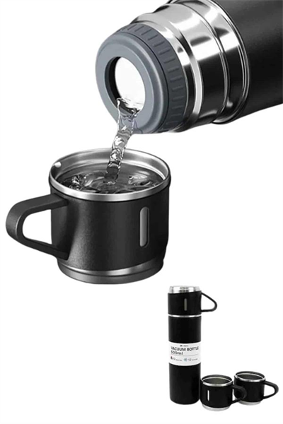 Termos Paslanmaz Çelik Termos Siyah Renk 3 Bardaklı Termos Seti