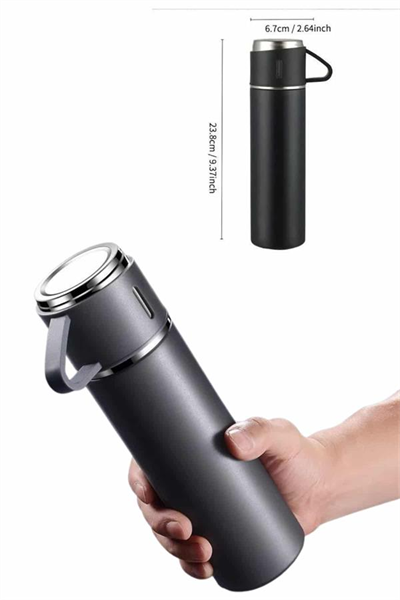 Termos Paslanmaz Çelik Termos Siyah Renk 3 Bardaklı Termos Seti