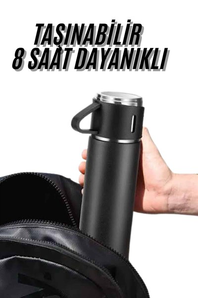 Termos Seti 3lü Bardak Seti Isı Dayanıklı Siyah Paslanmaz Çelik Vakumlu