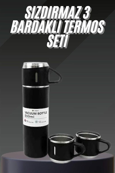 Termos Seti Paslanmaz Çelik 3 Bardaklı Vakumlu Termos Set 500 Ml 12 Saate Kadar Isı Koruma