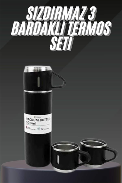 Termos Seti Paslanmaz Çelik 3 Bardaklı Vakumlu Termos Set 500 Ml 12 Saate Kadar Isı Koruma