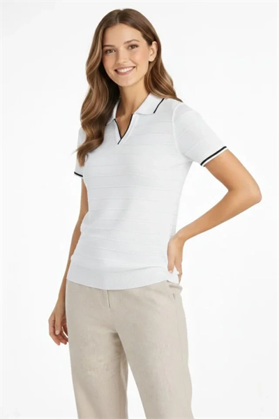 Triko Kumaş Yakalı Düğmesiz Açık Yaka Fitilli Kısa Kollu Regular Fit Tişört T-shirt - Beyaz