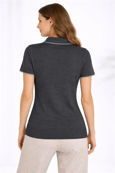 Triko Kumaş Yakalı Düğmesiz Açık Yaka Fitilli Kısa Kollu Regular Fit Tişört T-shirt - Siyah