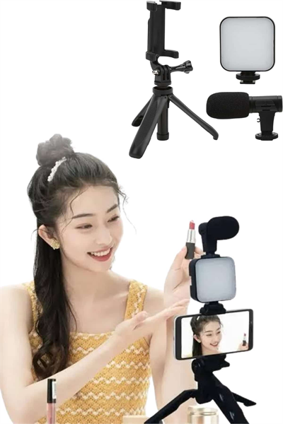 Tripod Telefon Tutucu Kumandalı Mikrofon Led Işık Vlog Video Kayıt