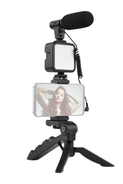 Tripod Telefon Tutucu Kumandalı Mikrofon Led Işık Vlog Video Kayıt