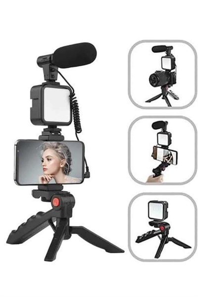 Tripod Telefon Tutucu Kumandalı Mikrofon Led Işık Vlog Video Kayıt