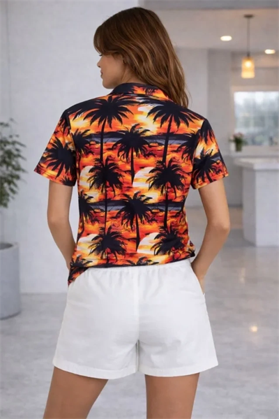 Tropikal Palmiye Desenli Gömlek Şort Takım Yazlık Rahat Kalıp - Desenli