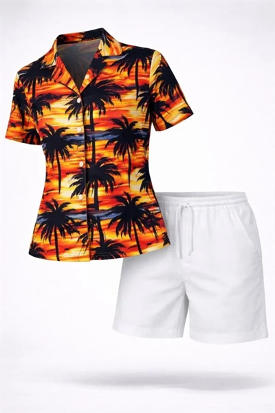 Tropikal Palmiye Desenli Gömlek Şort Takım Yazlık Rahat Kalıp - Desenli