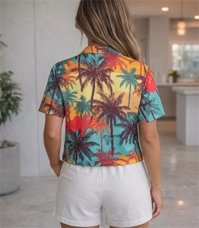 Tropikal Palmiye Desenli Kısa Kol Gömlek Şort Takım Yazlık Rahat Kalıp - Desenli