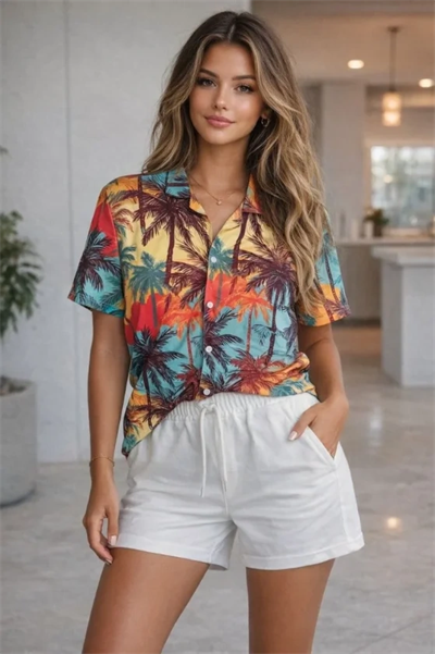 Tropikal Palmiye Desenli Kısa Kol Gömlek Şort Takım Yazlık Rahat Kalıp - Desenli