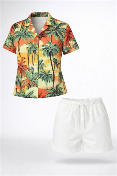 Tropikal Palmiye Desenli Kısa Kol Gömlek Şort Takım Yazlık Rahat - Desenli