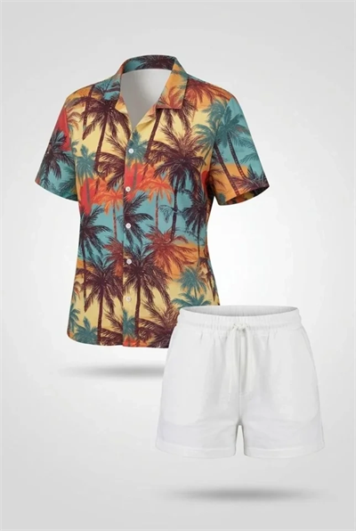 Tropikal Palmiye Desenli Kısa Kol Gömlek Şort Takım Yazlık Rahat Kalıp - Desenli