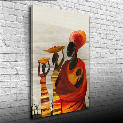Turuncu ve Gri Tonlarda Afrika Yerli Kadınlar Kanvas Tablo 50 x 70