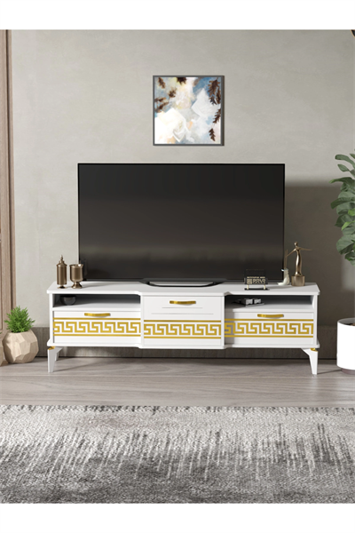 Tv Sehpası Tv Ünitesi 160 Cm Gold Beyaz Mistral 5072