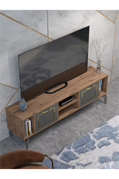 Tv Sehpası Tv Ünitesi Atlantik Çam Antrasit Gold 160 Cm Linya 5040