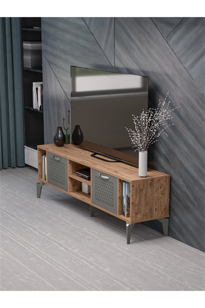 Tv Sehpası Tv Ünitesi Atlantik Çam Antrasit Gümüş 160 Cm Linya 5041