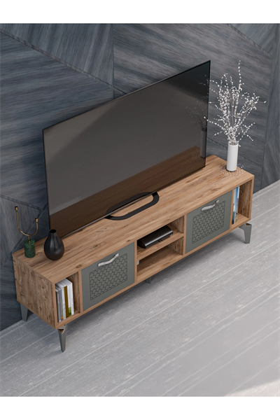 Tv Sehpası Tv Ünitesi Atlantik Çam Antrasit Gümüş 160 Cm Linya 5041