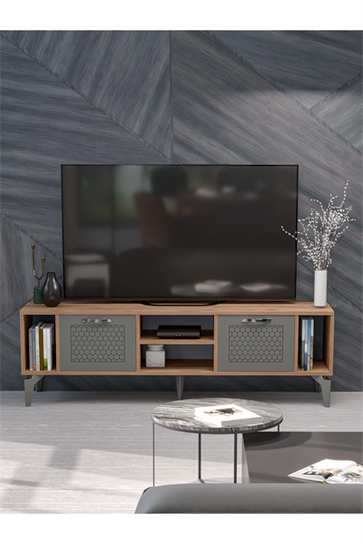 Tv Sehpası Tv Ünitesi Atlantik Çam Antrasit Gümüş 160 Cm Linya 5041