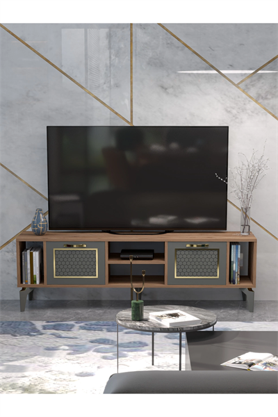 Tv Sehpası Tv Ünitesi Atlantik Çam Antrasit Gold 160 Cm Linya 5040