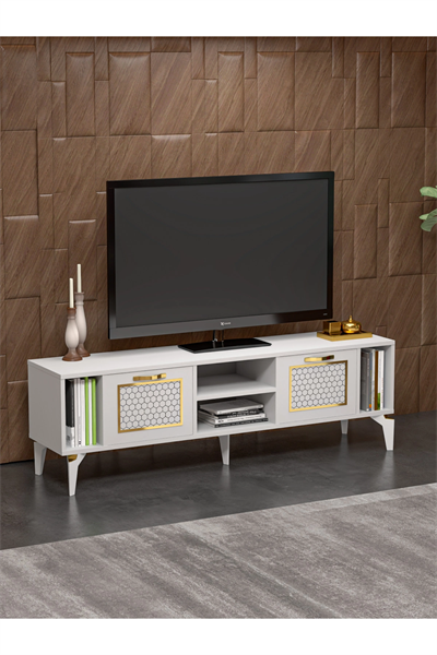 Tv Sehpası Tv Ünitesi Beyaz Gold 160 Cm Linya 5042