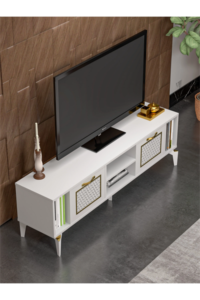 Tv Sehpası Tv Ünitesi Beyaz Gold 160 Cm Linya 5042
