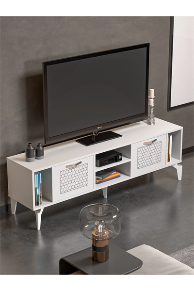 Tv Sehpası Tv Ünitesi Beyaz Gümüş 160 Cm Linya 5043
