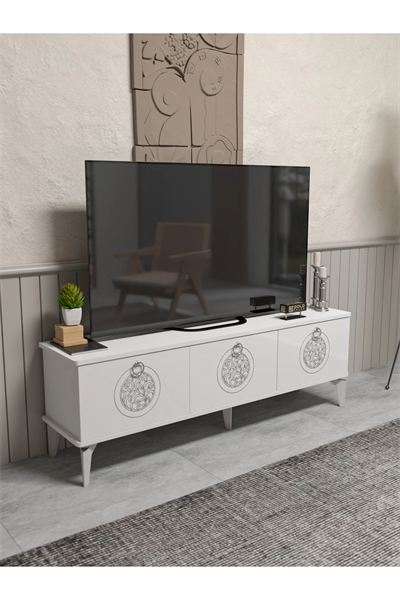 Tv Sehpası Tv Ünitesi Beyaz Gümüş 160 Cm Saraylı 5063