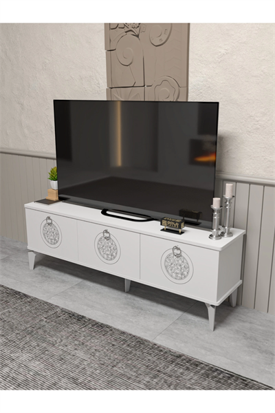 Tv Sehpası Tv Ünitesi Beyaz Gümüş 160 Cm Saraylı 5063