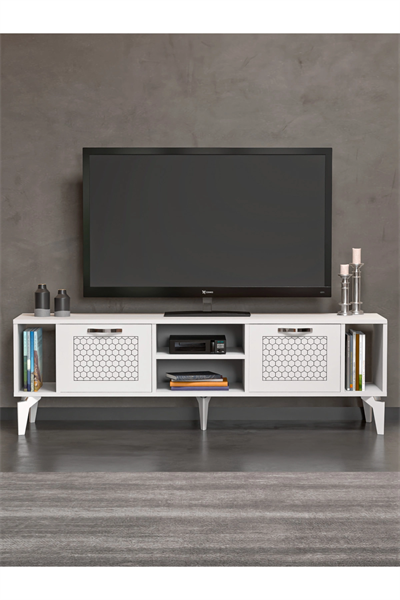 Tv Sehpası Tv Ünitesi Beyaz Gümüş 160 Cm Linya 5043