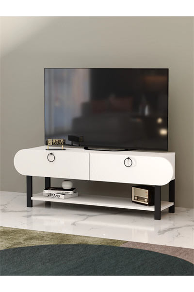 Tv Sehpası Tv Ünitesi Kapaklı Raflı Setro Beyaz