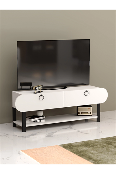 Tv Sehpası Tv Ünitesi Kapaklı Raflı Setro Beyaz
