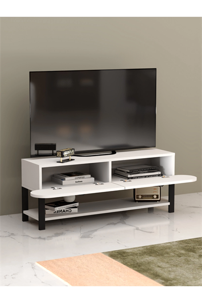 Tv Sehpası Tv Ünitesi Kapaklı Raflı Setro Beyaz