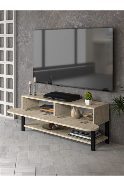 Tv Sehpası Tv Ünitesi Kapaklı Raflı Setro Traverten