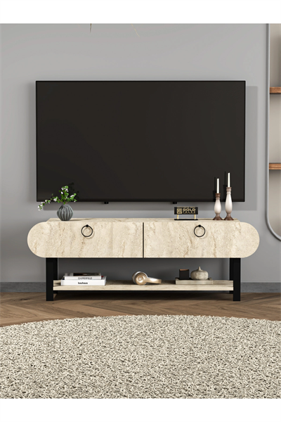 Tv Sehpası Tv Ünitesi Kapaklı Raflı Setro Traverten
