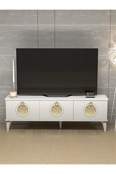 Tv Sehpası Tv Ünitesi Saraylı Beyaz Gold 5062