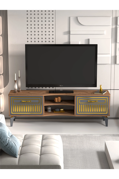 Tv Sehpası Tv Ünitesi Vera Atlantik Çam Antrasit Gold Çizgili 5050