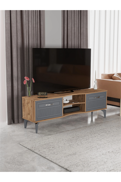 Tv Sehpası Tv Ünitesi Vera Atlantik Çam Antrasit Çizgili 5051
