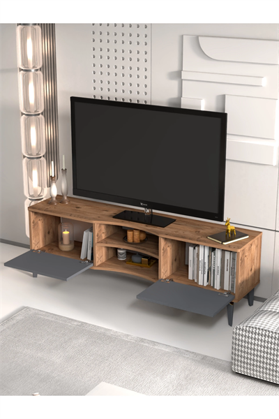 Tv Sehpası Tv Ünitesi Vera Atlantik Çam Antrasit Gold Çizgili 5050