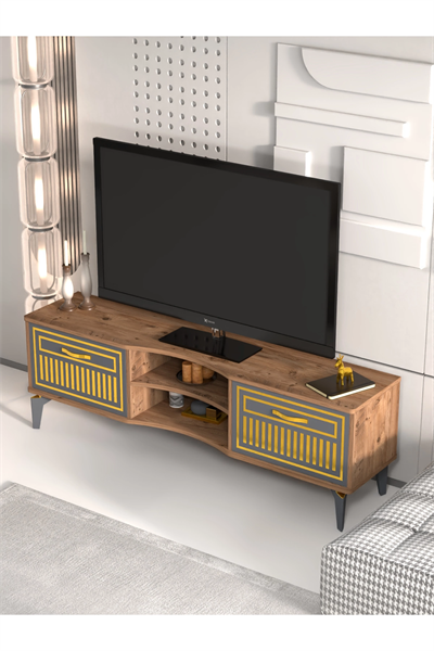 Tv Sehpası Tv Ünitesi Vera Atlantik Çam Antrasit Gold Çizgili 5050