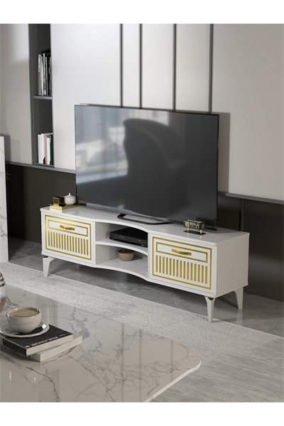 Tv Sehpası Tv Ünitesi Vera Beyaz Gold Çizgili 5052