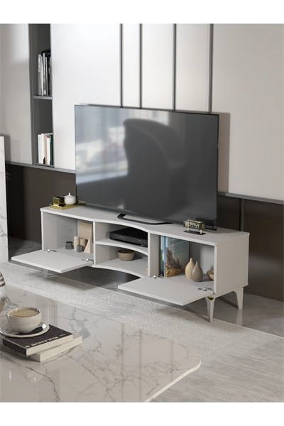 Tv Sehpası Tv Ünitesi Vera Beyaz Gold Çizgili 5052
