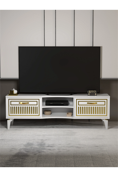 Tv Sehpası Tv Ünitesi Vera Beyaz Gold Çizgili 5052