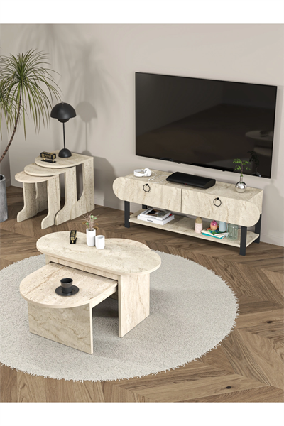 Tv Sehpası Ünitesi 2Li Orta Sehpa 3Lü Zigon Sehpa Set Üç Ürün Traverten